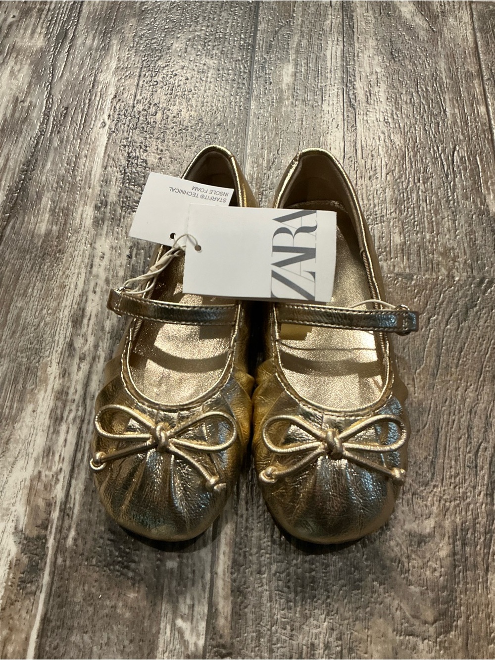 Zara Girls Metallic Gold Mary Jane Ballet Flats with Bow Strap Size 10.5